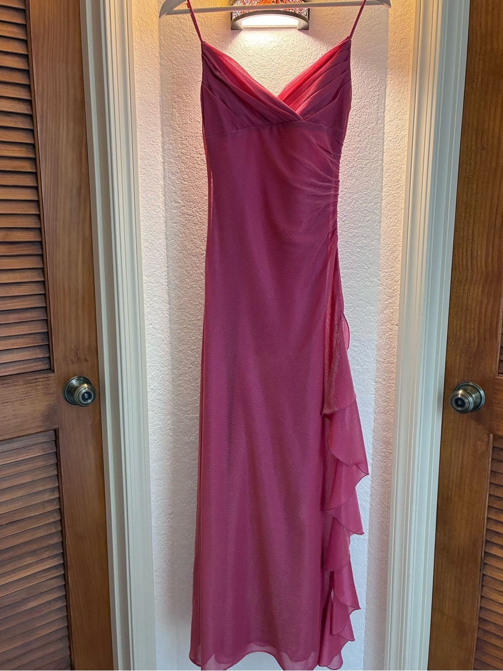 City Triangles Raspberry Spaghetti-Strap Ruffle Gown